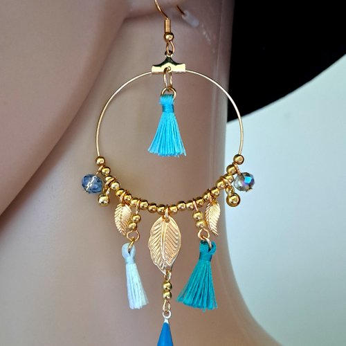 Boucle d'oreille ronde, pompons, feuille, goutte bleu émaillé, perles, crochets en métal acier inoxydable doré