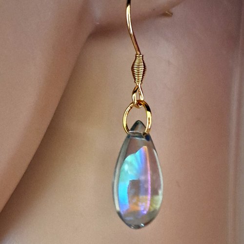 Boucle d'oreille perles en verre transparente, crochet en métal acier inoxydable doré