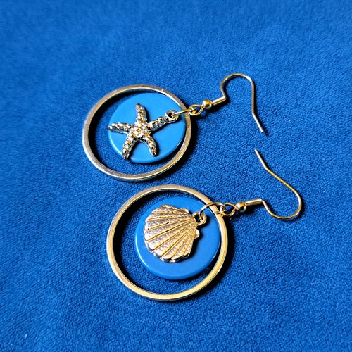 Boucle d'oreille coquillage, étoile, cercle, perles plate ronde bleu, crochet en métal acier inoxydable doré