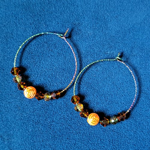 Boucle d'oreille créole perles fleur orange, crochets en métal acier inoxydable multicolore