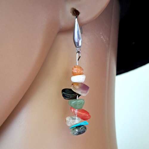 Boucle d'oreille perles en pierre multicolore, crochets en métal acier inoxydable argenté