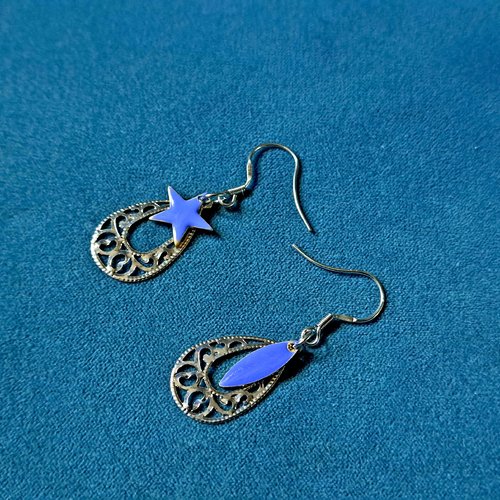 Boucle d'oreille goutte, étoile en émail bleu, crochets en métal acier inoxydable argenté