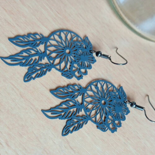 Boucles d'oreilles attrape rêve gris bleu