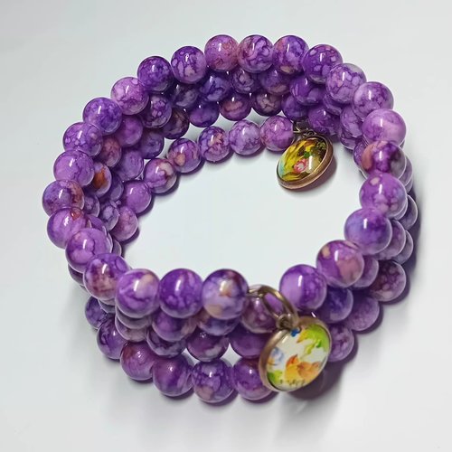 Bracelet thème oiseaux & perles violettes
