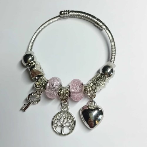Bracelet jonc "douceur rose" – style pandora & acier inox