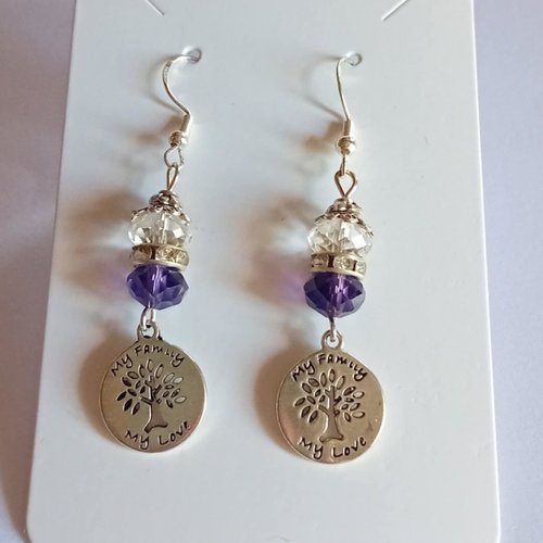 Boucles d’oreilles arbre de vie – cristal transparent & violet