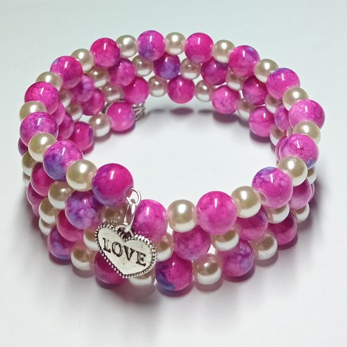 Bracelet perles rose & ivoire – charm « love »