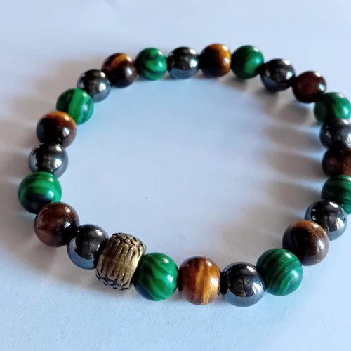Bracelet perles de pierre malachite et œil de tigre