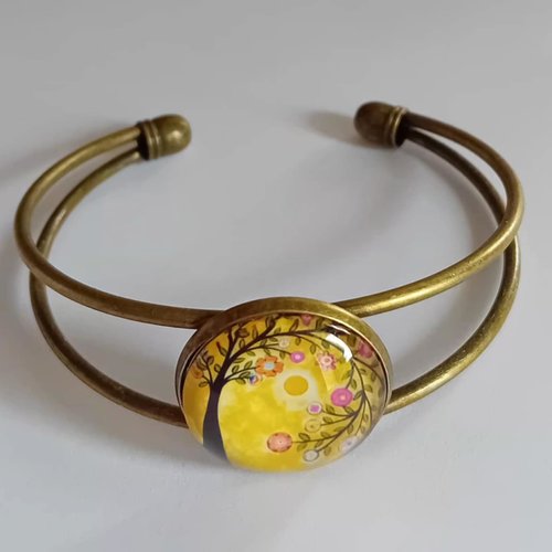 Bracelet manchette double jonc – cabochon arbre fleuri jaune