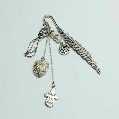 Marque-page plume argentée – thème ange & arbre de vie