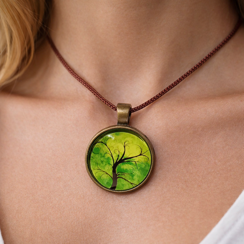 Collier arbre de vie – verre & faux cuir