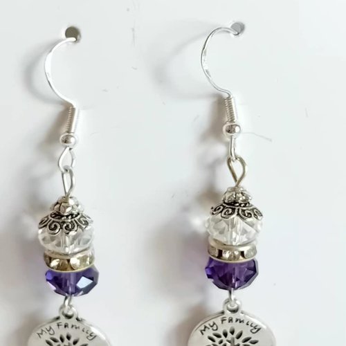 Boucles d’oreilles arbre de vie – cristal transparent & violet