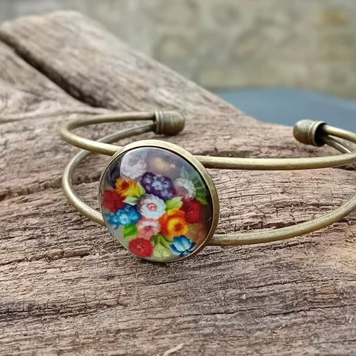 Bracelet jonc fleurs multicolores