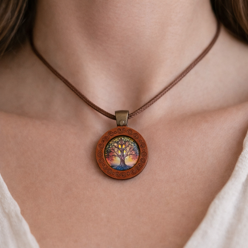 Sautoir "éclat naturel" — cabochon verre & bois