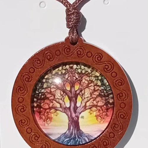 Sautoir "éclat naturel" — cabochon verre & bois