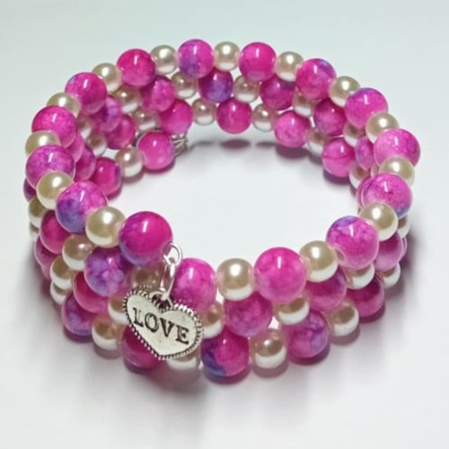 Bracelet perles rose & ivoire – charm « love »