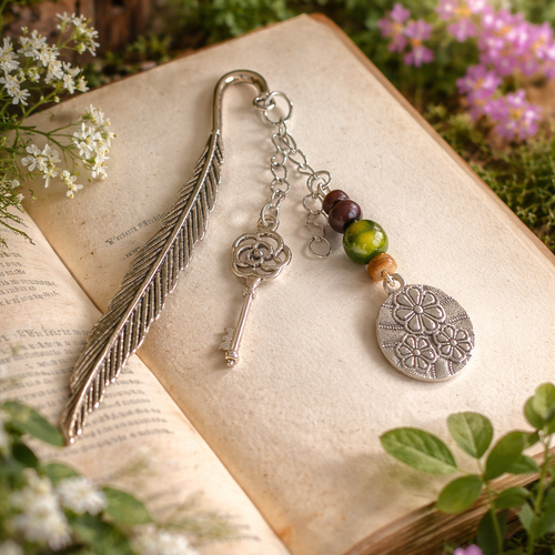 Marque-page bijou "jardin secret" – crochet plume & clé fleurie