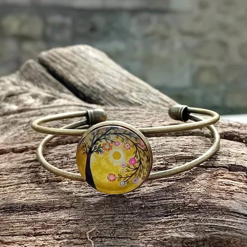 Bracelet manchette double jonc – cabochon arbre fleuri jaune