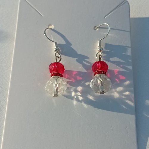 Boucles d’oreilles pendantes perles rouge & cristal transparent