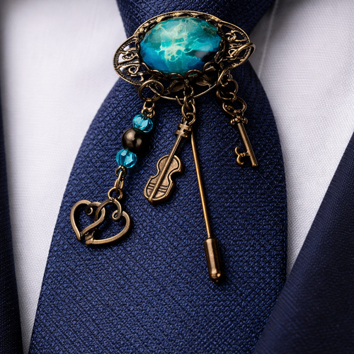 Broche fantaisie vintage – cabochon bleu & breloques bronze