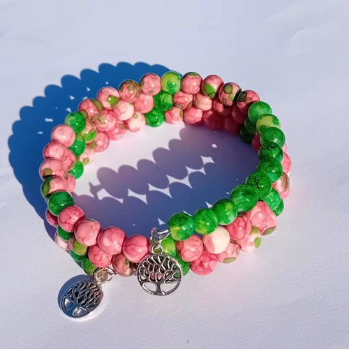 Bracelet 3 rangs perles roses & vertes