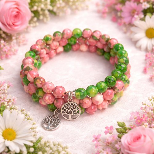 Bracelet 3 rangs perles roses & vertes