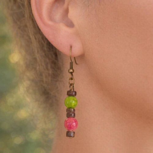 Boucles d’oreilles perles vertes et rouges – style bohème | bijou artisanal femme | cadeau nature
