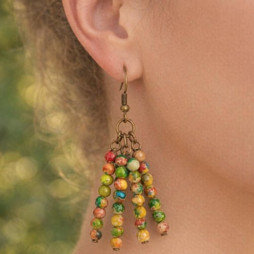 Boucles d’oreilles artisanales à trois rangs de perles multicolores – style bohème