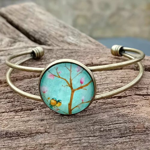 Bracelet jonc vintage cabochon – arbre en fleurs & oiseaux