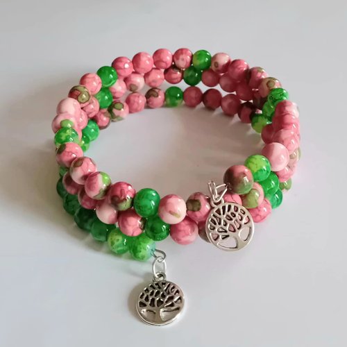 Bracelet 3 rangs perles roses & vertes