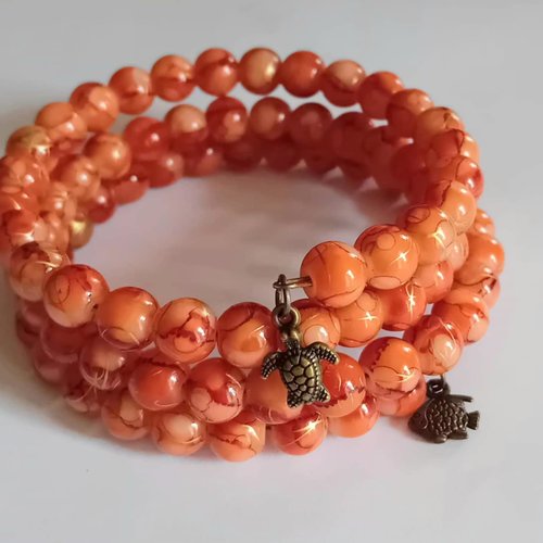 Bracelet multi rangs en perles orange – breloques tortue & poisson