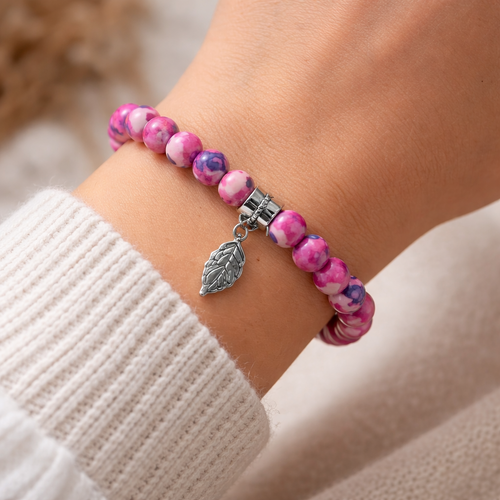 Bracelet marbré rose & feuille argentée