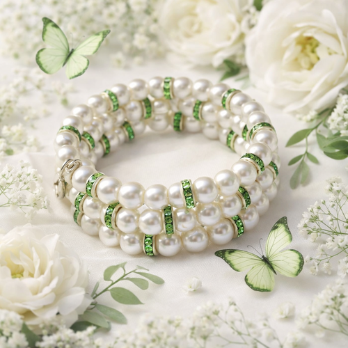 Bracelet perles multi-rangs & cristaux verts – élégance florale