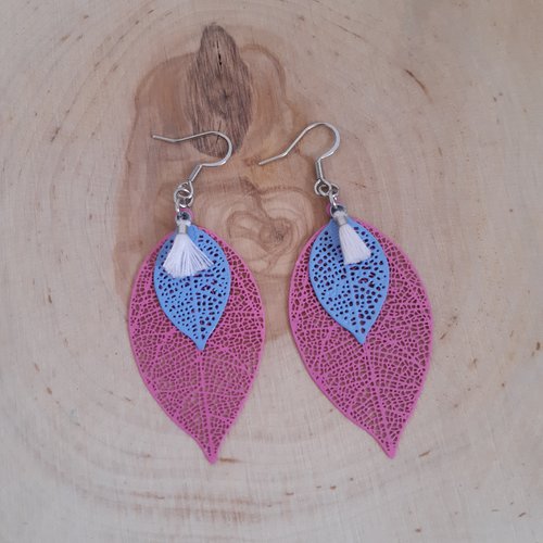 Boucles d'oreilles feuilles rose et bleu
