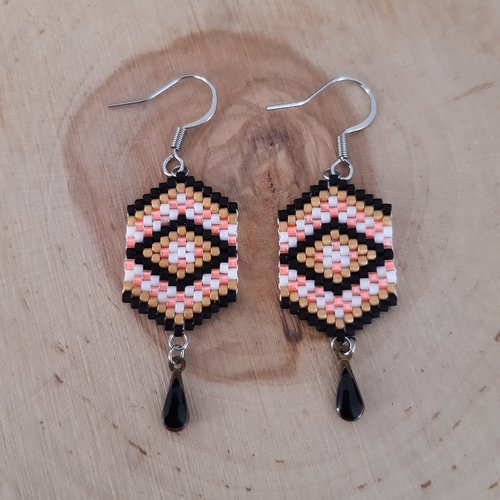 Boucle d'oreille tissage perles miyuki noir, or, blanc et rose saumon