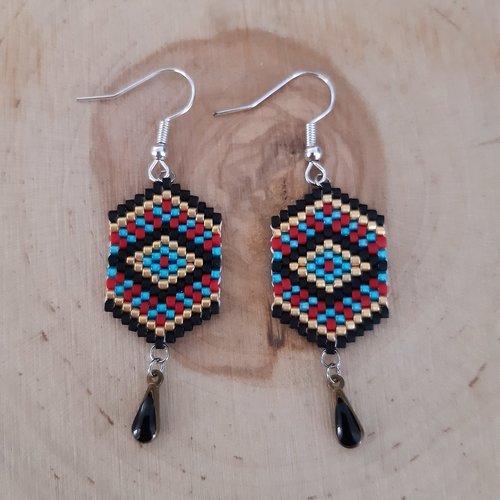 Boucle d'oreille tissage perles miyuki noir, or, bleu et rouge