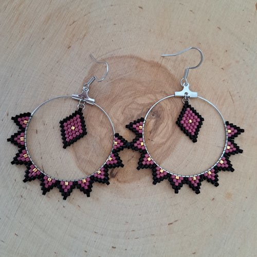 Créole tissage perles noir, rose et or