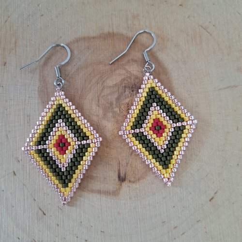 Boucle d'oreille tissage perles miyuki losange rose, jaune, vert et rouge