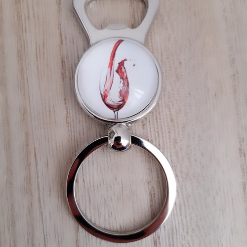 Porte-clés décapsuleur cabochon verre de vin rouge