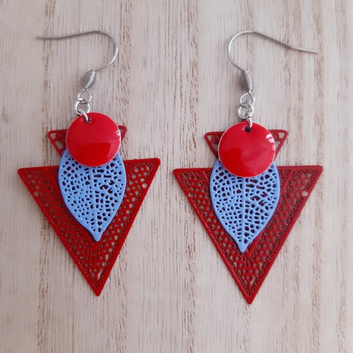 Boucles d'oreilles triangles rouge et feuilles bleu