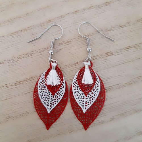 Boucles d'oreilles filigranes feuilles rouge et blanc