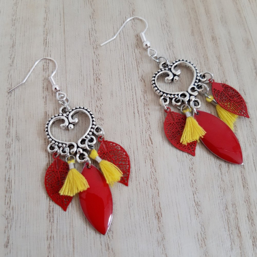 Boucles d'oreilles cœurs et filigranes jaune et rouge
