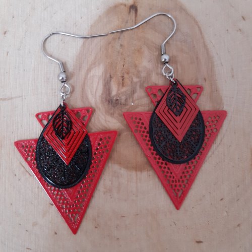 Boucle d'oreille double triangle rouge et noir