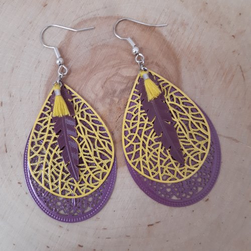 Boucle d'oreille gouttes violet et jaune
