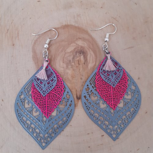 Boucle d'oreille filigrane grise et rose