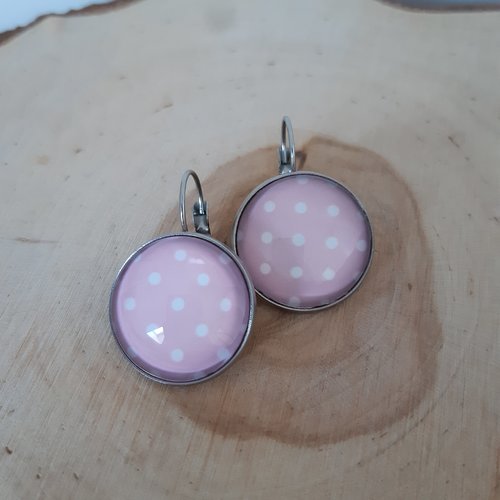 Dormeuse cabochon rose et pois blanc 20mm