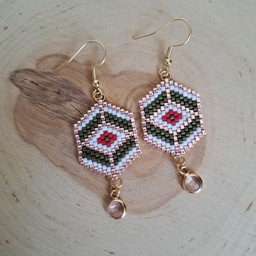 Boucle d'oreille tissage perles miyuki rose, blanc et kaki