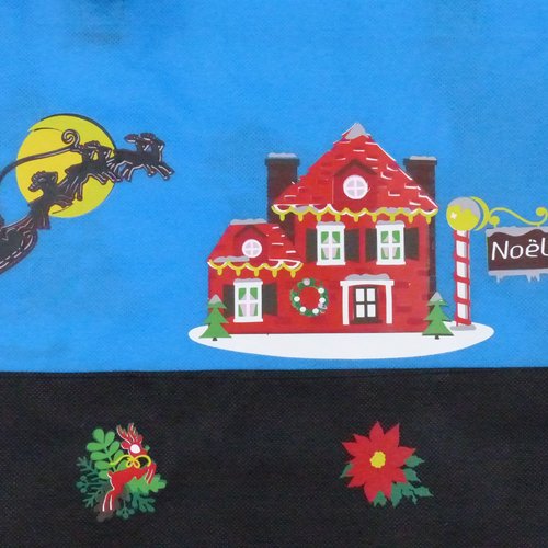 Sac bleu et noir thème noël décor lutin et père noël avec sapin de noël et d'un chalet surplombé du traineau du père noël