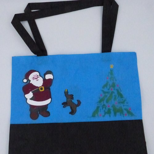 Sac bleu et noir thème noël avec des chiens et le père noël