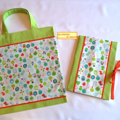 Pack cadeau naissance: protège carnet de santé et sac à doudous ou multifonctions, couleur anis.